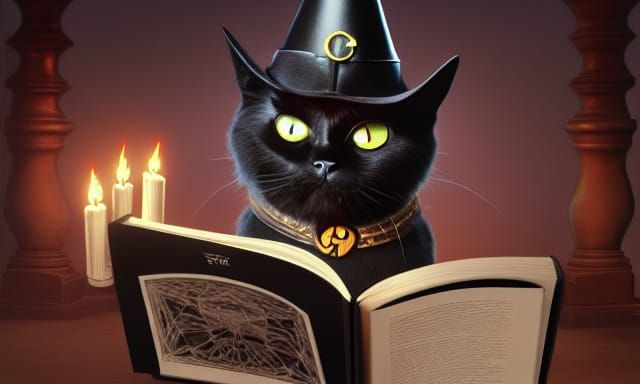 Sinister Cat Wizard Reading Grimoire, 3D Digital Art