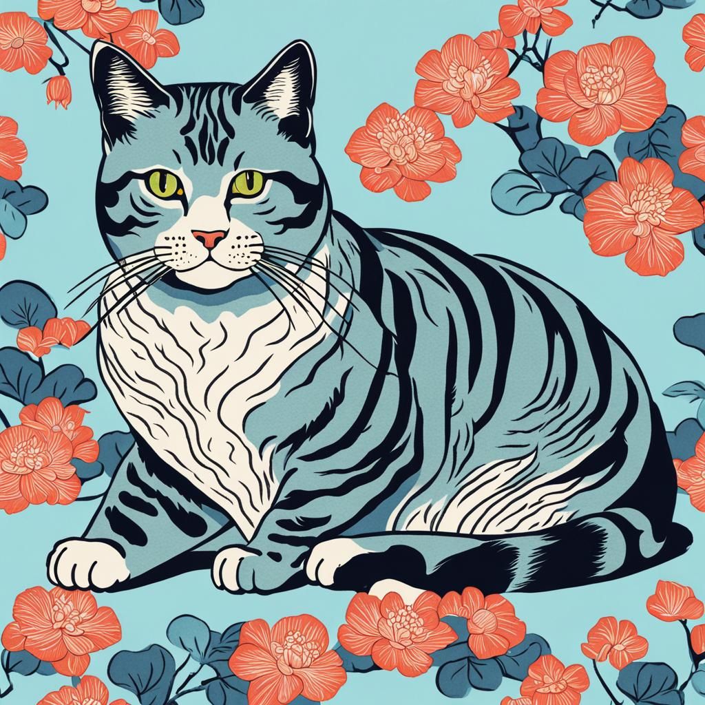 Ukiyo-e Tabby Cat Portrait on Light Blue