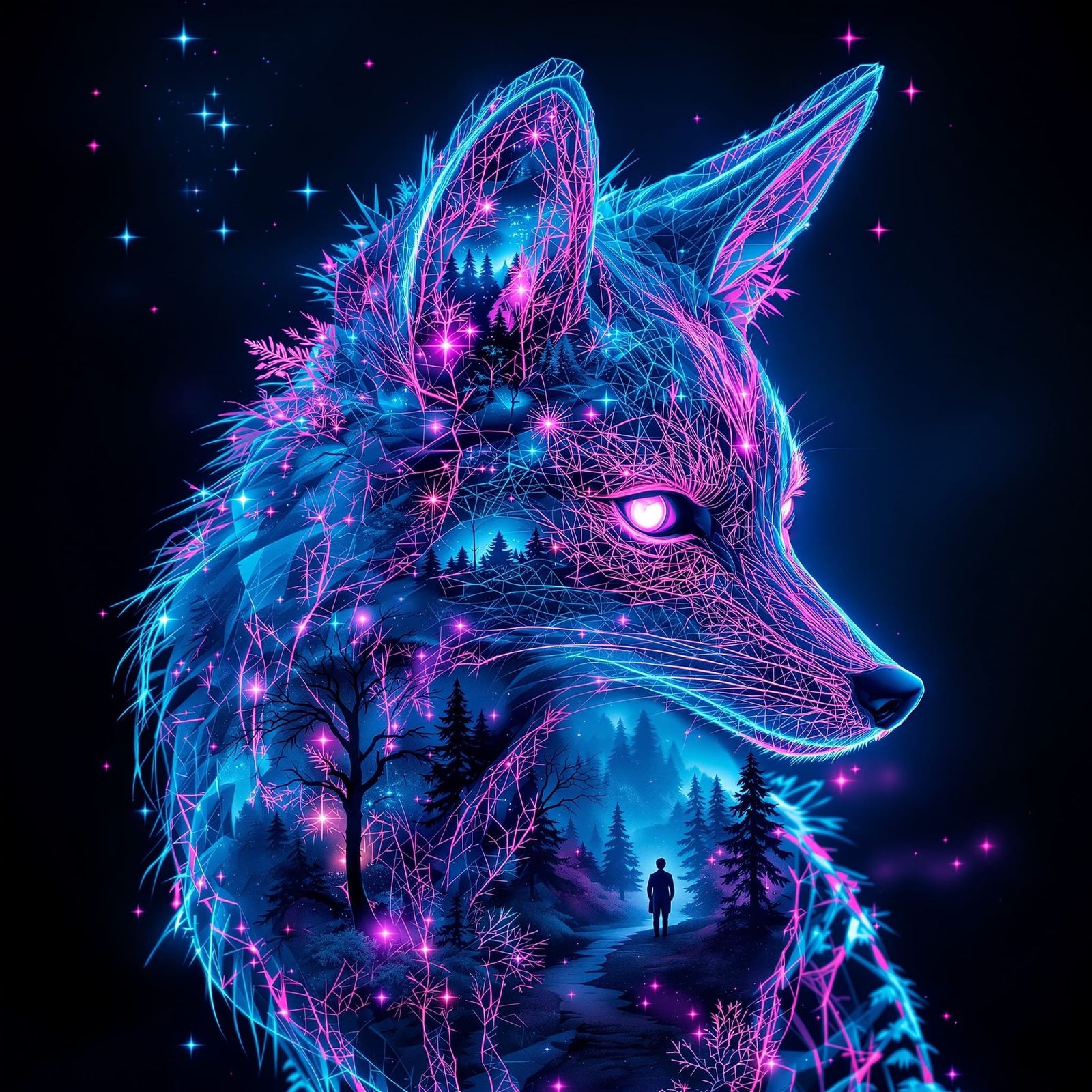 Neon Fractal Fox Double Exposure Art Deco Poster