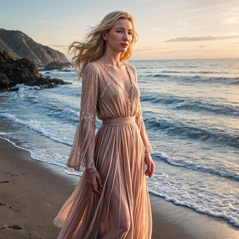 Woman on California Beach at Sunset