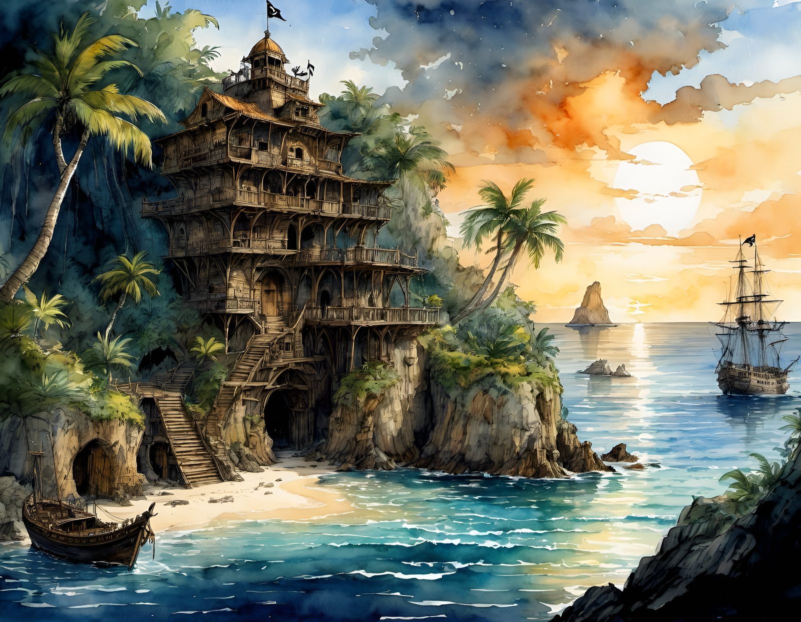 Caribbean Pirate Hideout Watercolor Sketch