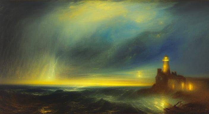 Clockwork Lighthouse in Lightning Storm as Impressionist Pai...