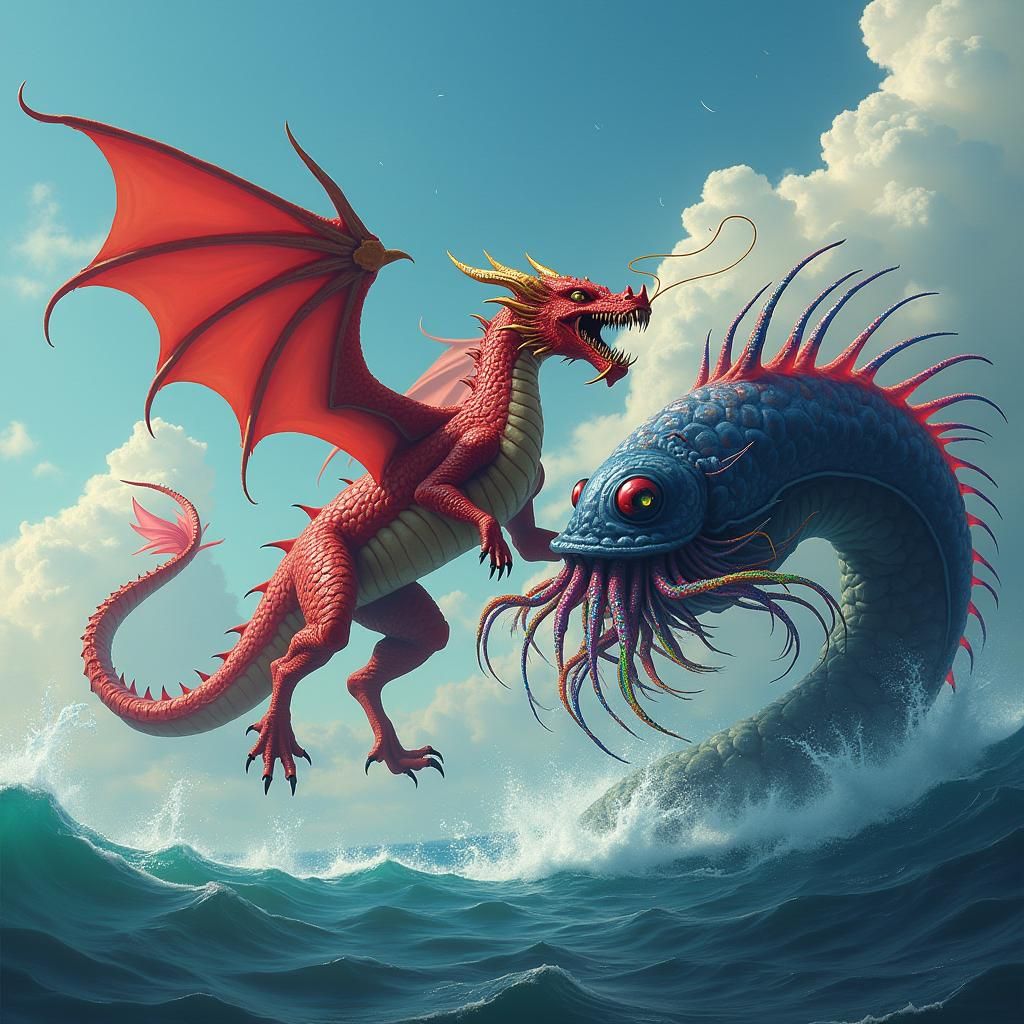 Welsh Dragon vs Giant Cuttlefish in Dreamlike Sky