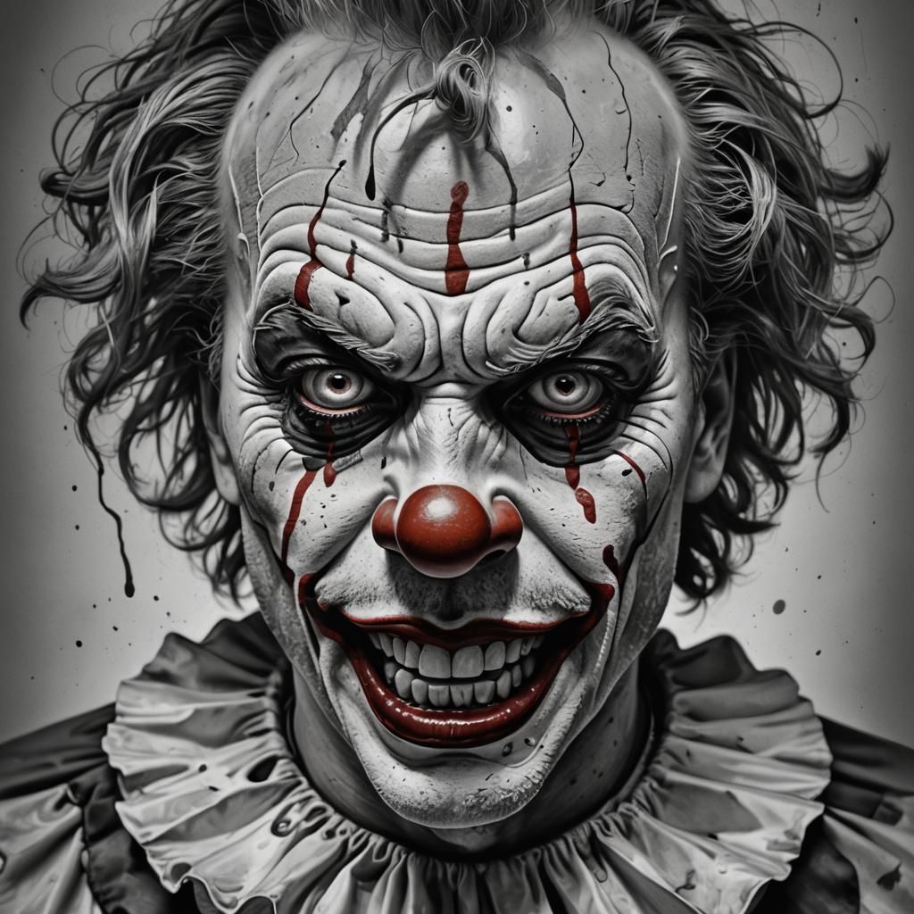 Hyperrealistic Psychotic Clown Portrait in Grayscale