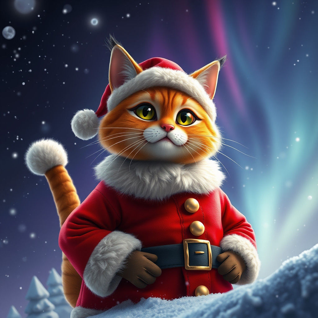 Santa Cat in Aurora Night Sky, Digital Art