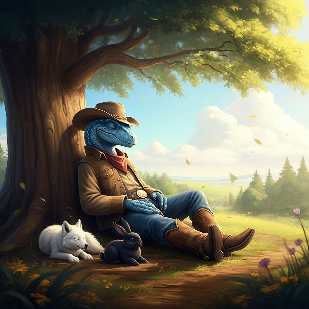 Wolfie, Moon and Raptor Ranger relaxing by a tree