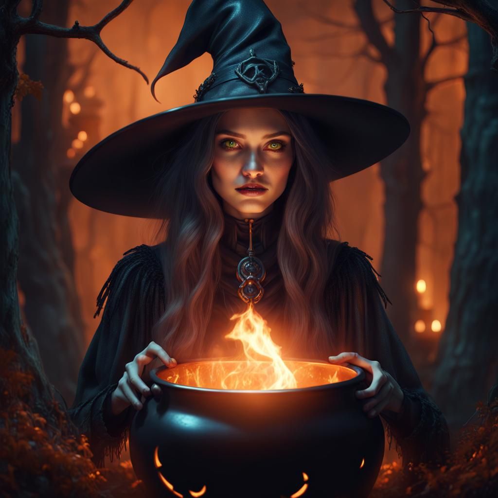 Young Halloween Witch in Midnight Woods, Fantasy Art