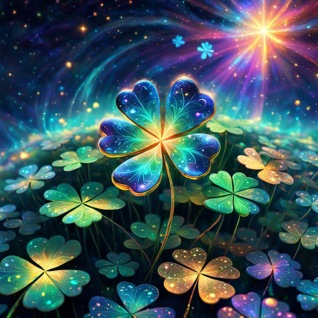 Cosmic Four-Leaf Clover Illuminated in Vibrant, Glowing Star...