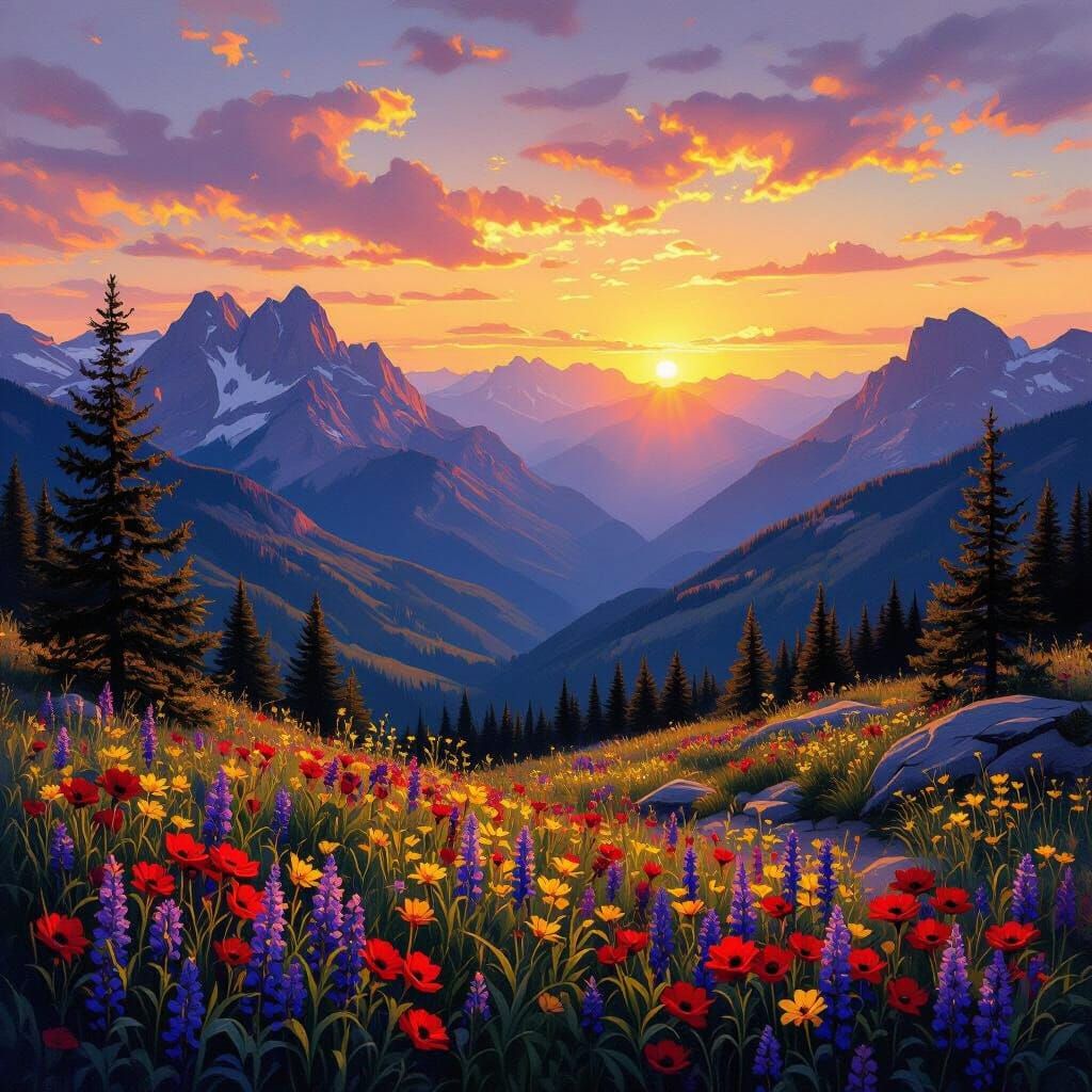 Rocky Mountains Sunset Oil Painting with Wildflowers