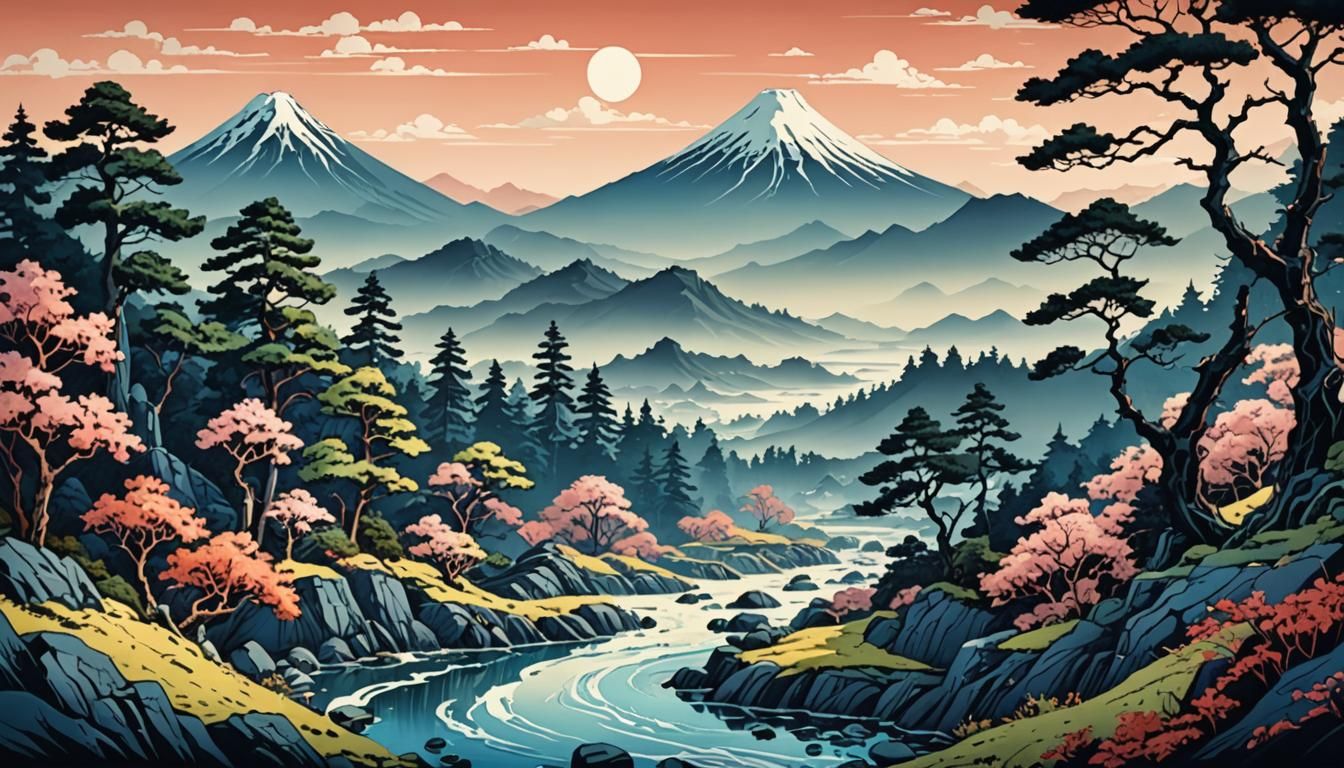 Neo-Natural Synthesis art style landscape inspired by Hokusa...