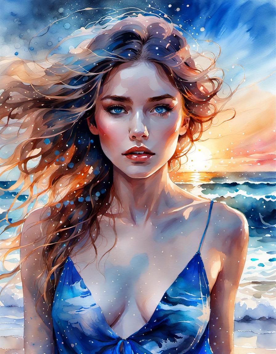 Stunning Beach Goddess in Watercolor Art
