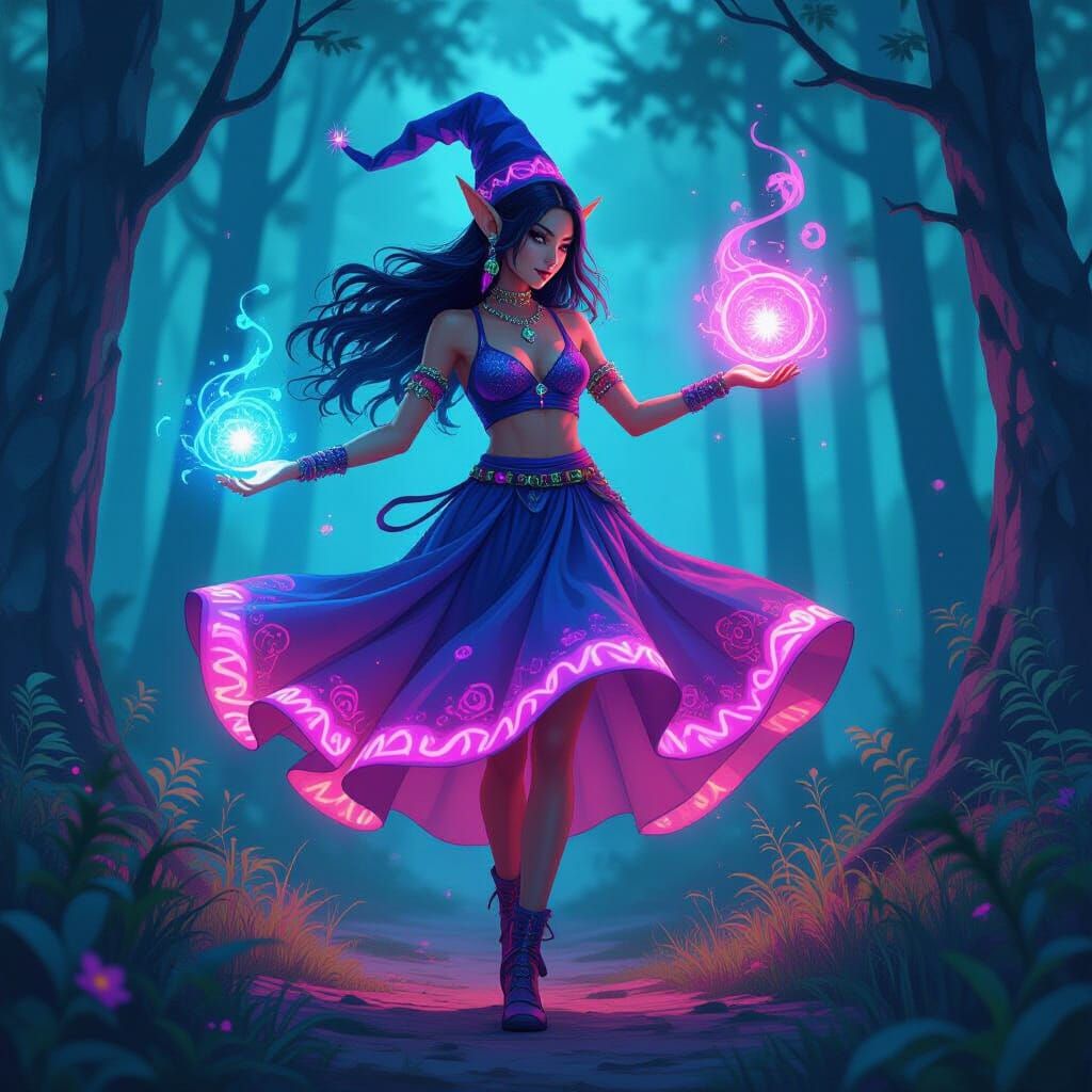 Cyber Funk Elf Witch in Neon Loomibloom Forest