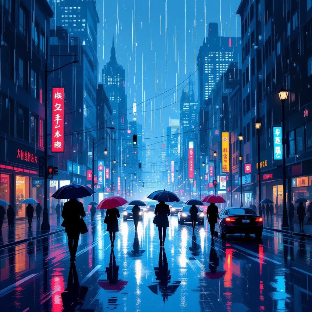 Rainy Cityscape with Umbrellas in a Dreamy Style