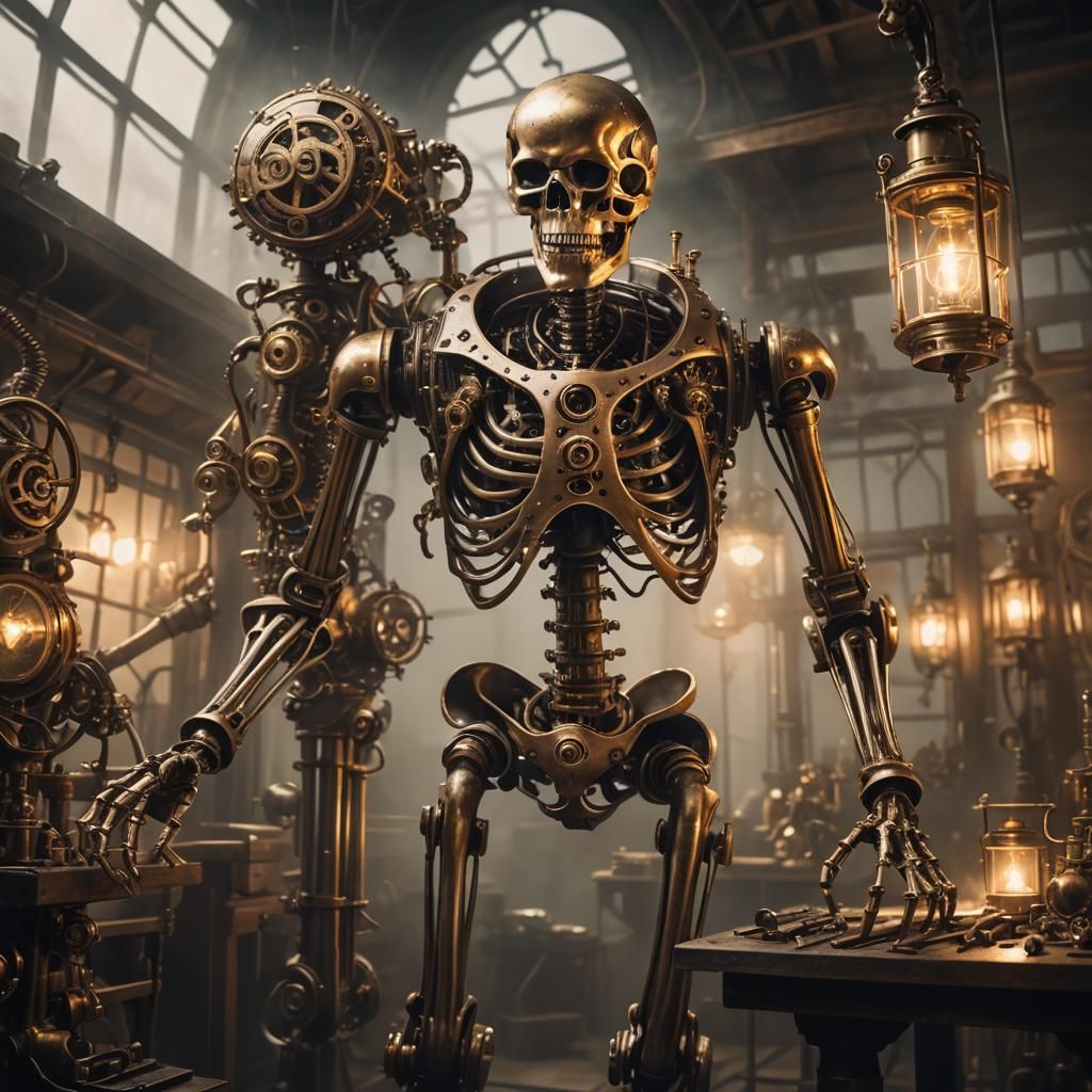 Steampunk Engineer Skeleton Working on Clockwork Mechanism
