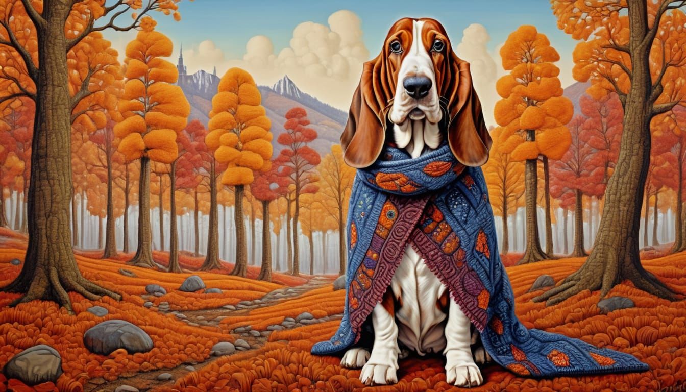 Basset Hound in Scarf and Jumper, Autumn Landscape