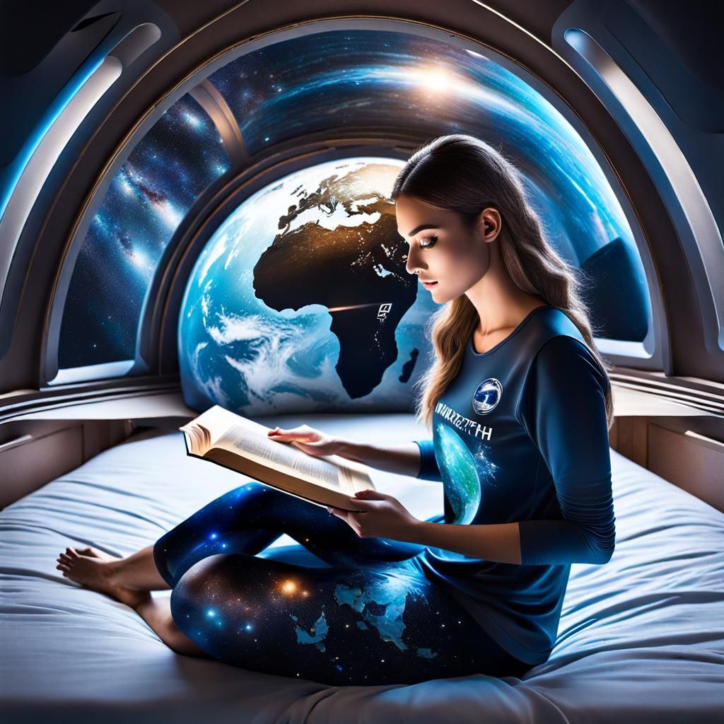 Girl Reads Earth Book in Spaceship Dome Bedroom