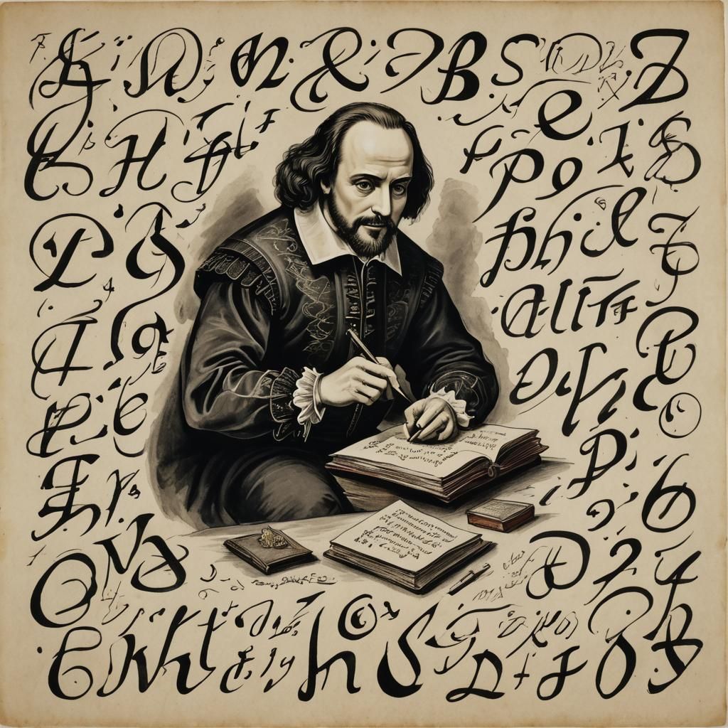 Shakespeare Writing Calligraphy with Human-Animal Letters