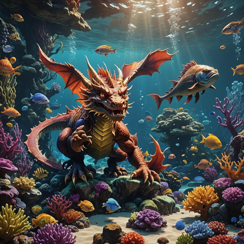 Vivid Underwater Dragon Scene with Mermaid, Digital Art