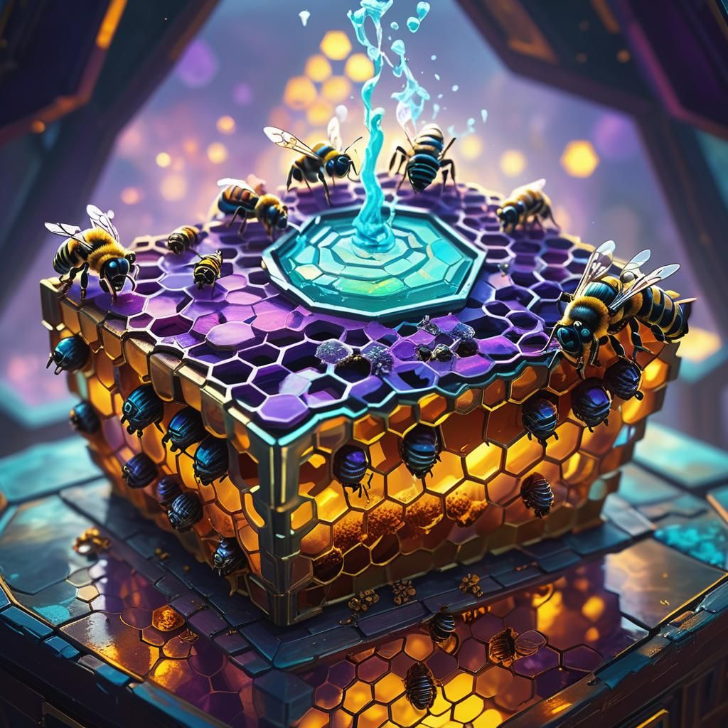 Glowing Magic Potions in Honeycomb, Vibrant Oil Painting