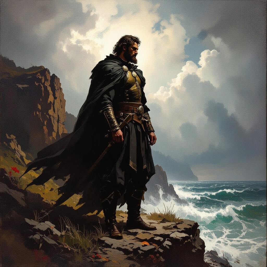 Stoic Man on Stormy Cliffside in Chiaroscuro Style