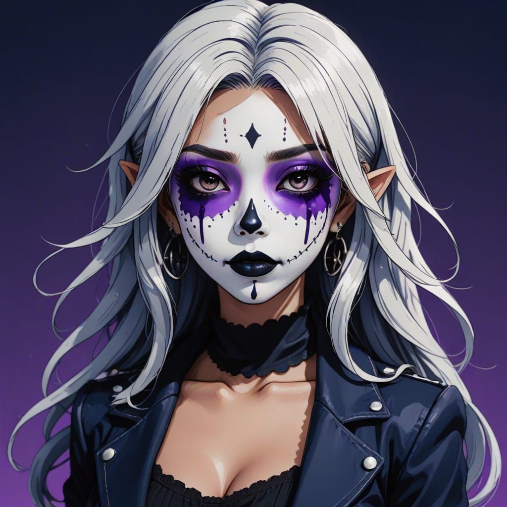 Goth Gyaru Anime Girl with White Face Paint and Black Lipsti...