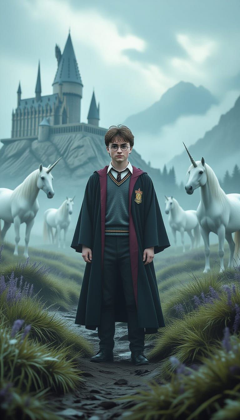 Harry Potter and Unicorns in Fairytale Landscape