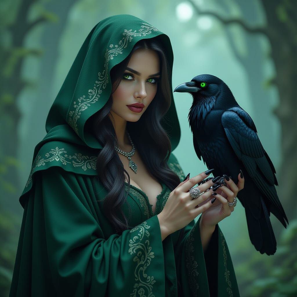 Gothic Woman with Crow in Dark Fantasy Style