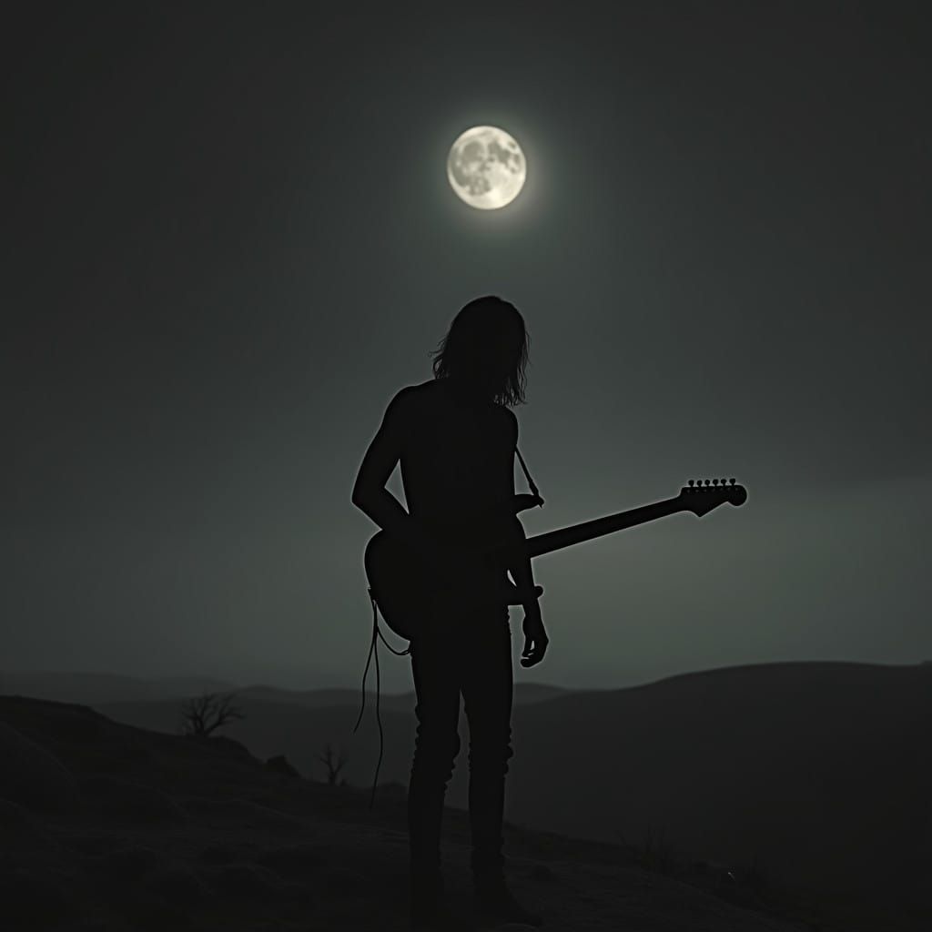 Man Contemplates Moonlit Night with Guitar