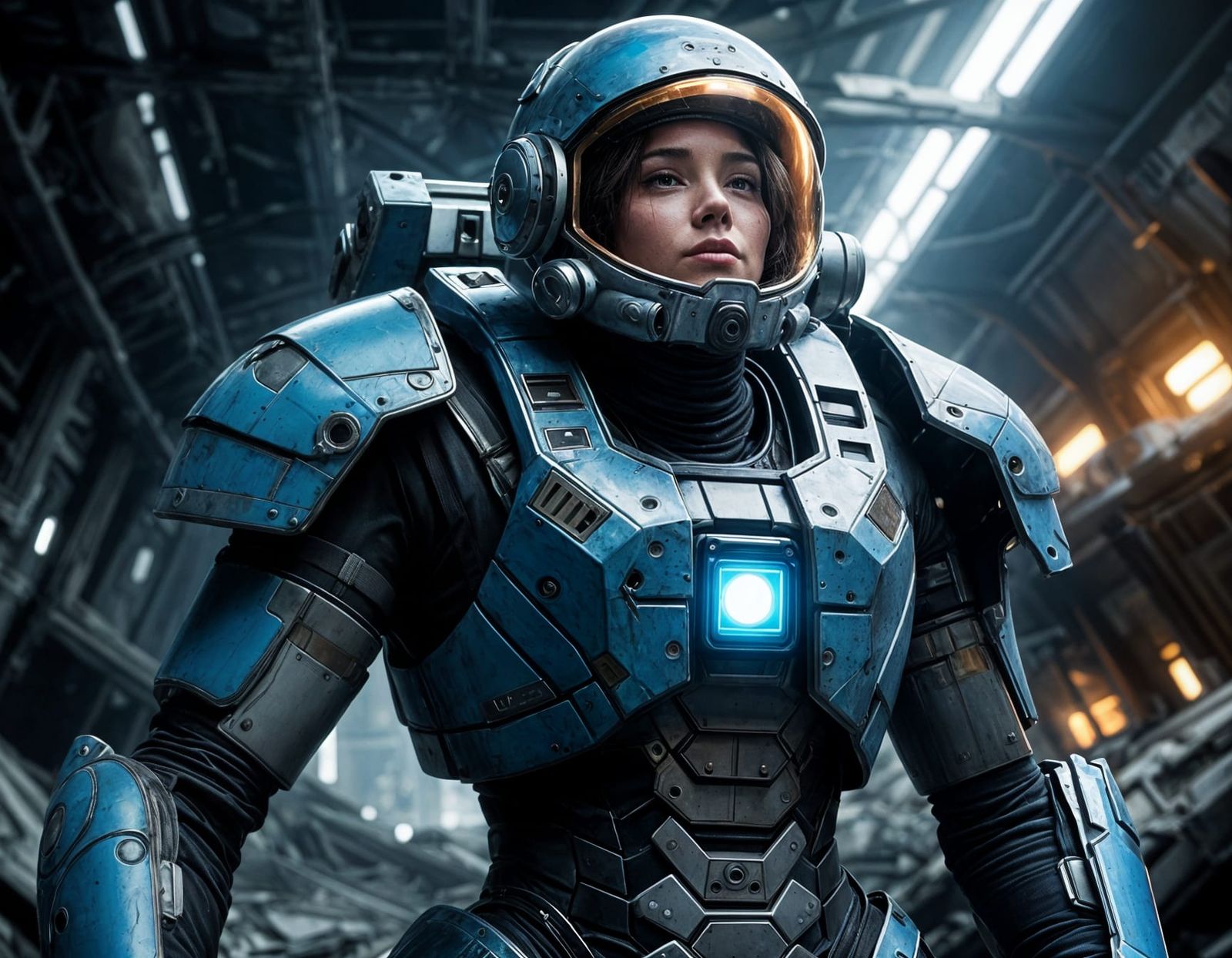 Cyberpunk Woman in Exoskeleton Armor Amidst Ruins
