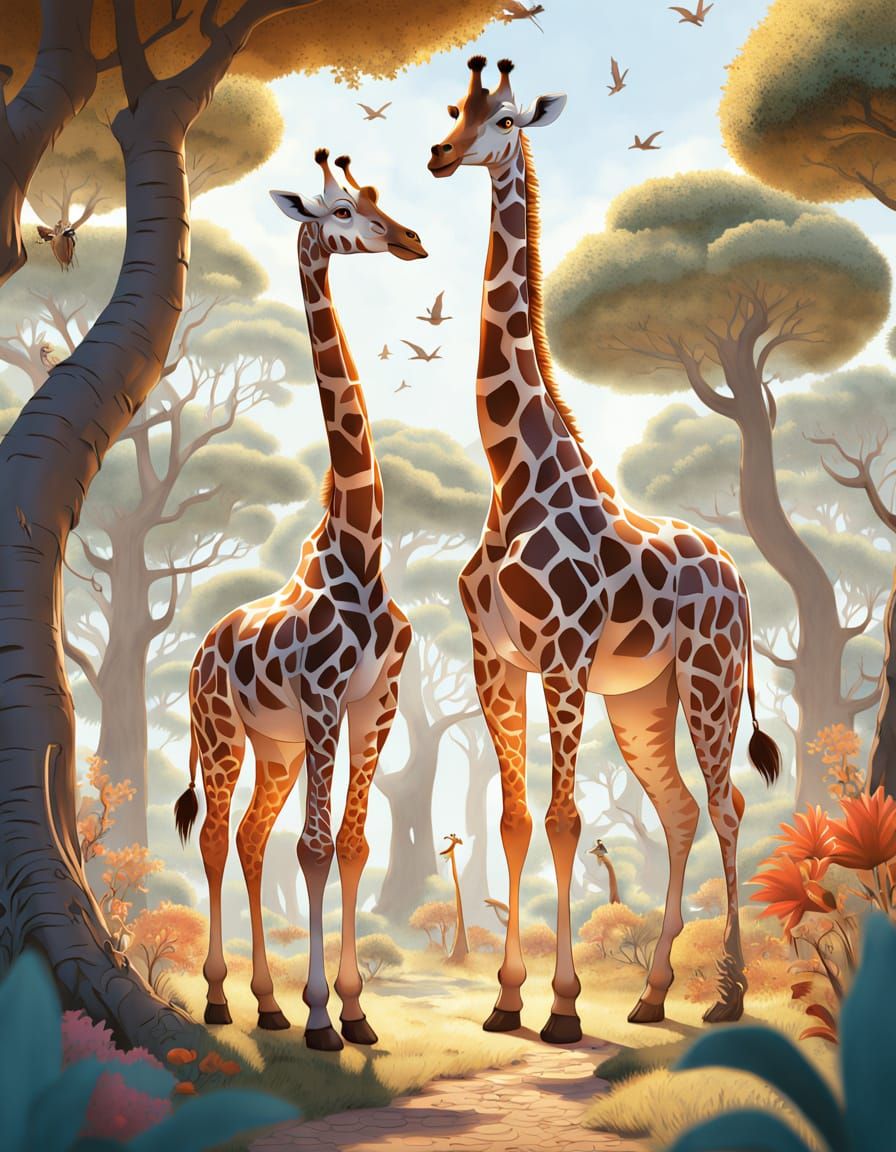 A pair of giraffes Looney Tunes style