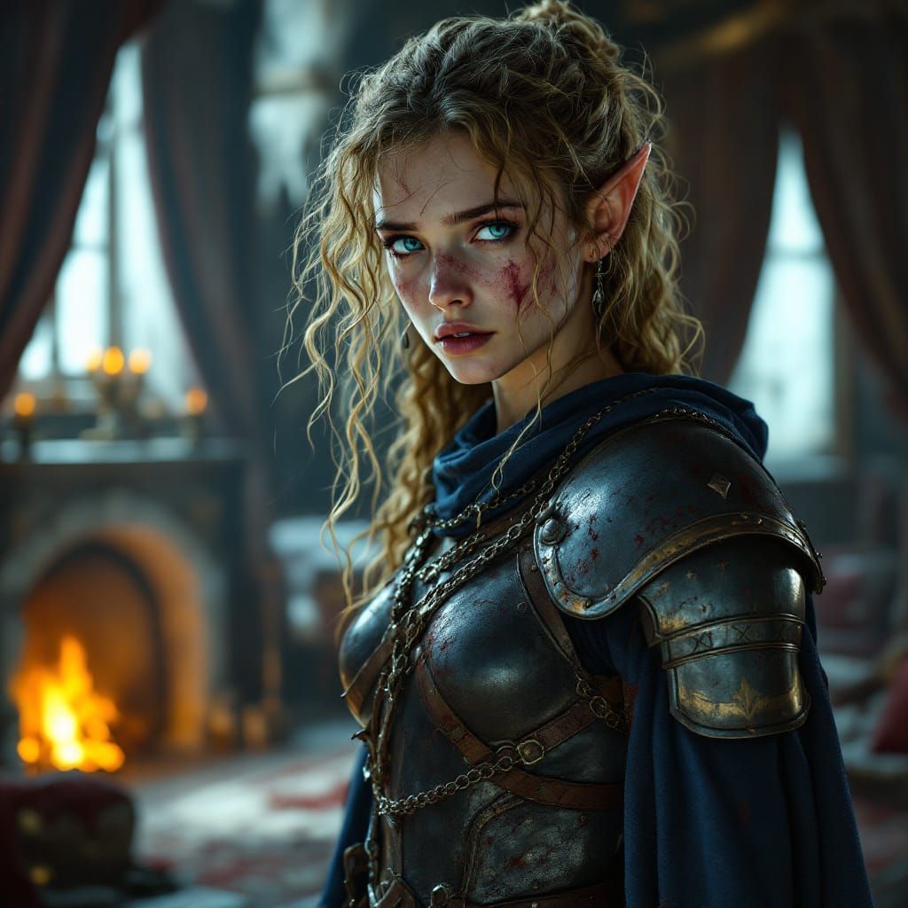 Exhausted Elf Warrior in Medieval Bedroom, Hyperrealistic