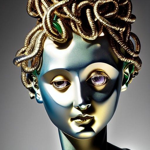 Robot Girl Portrait: Silver, Emeralds and Gold