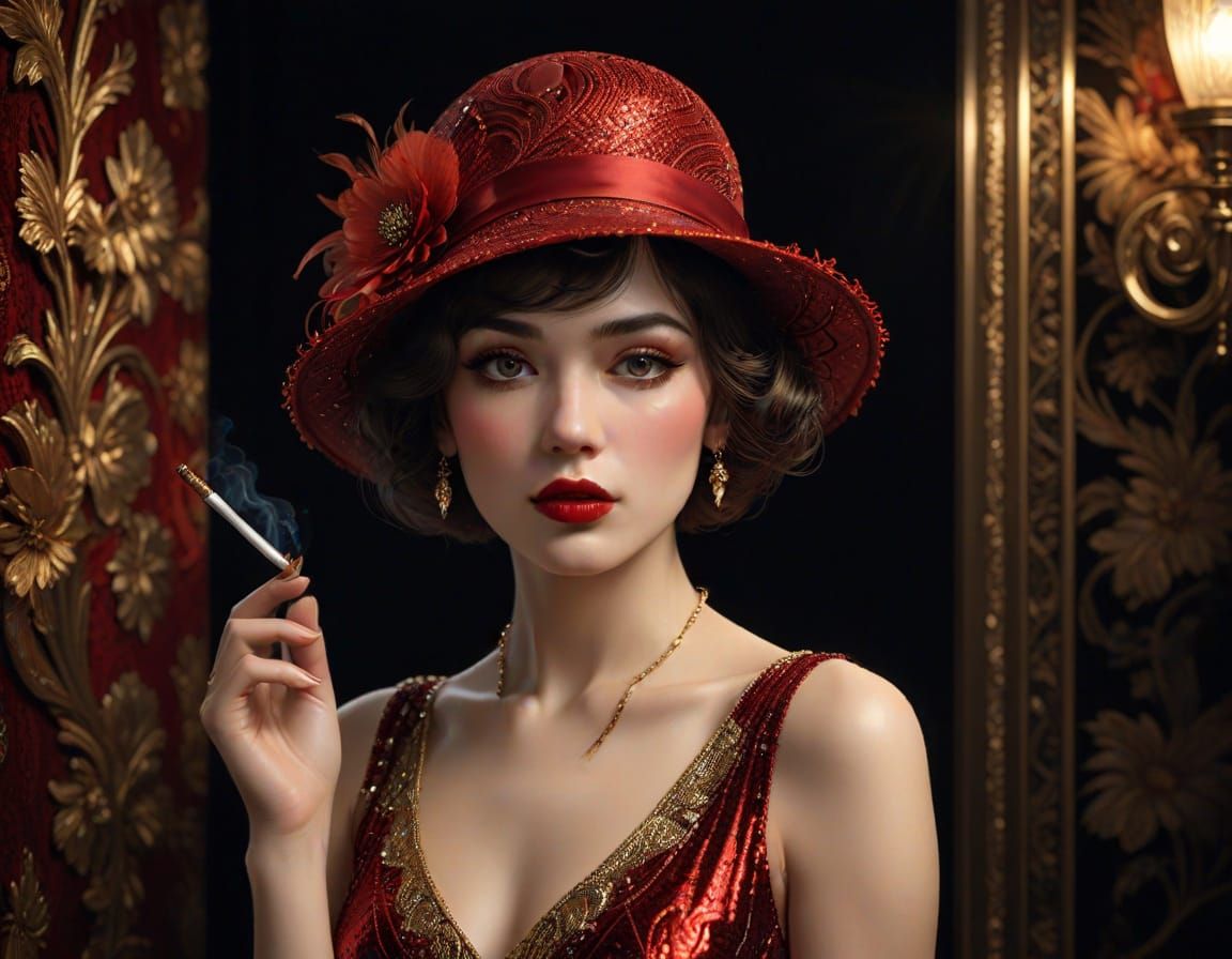 Elegant Art Nouveau Goddess in Red Flapper Hat