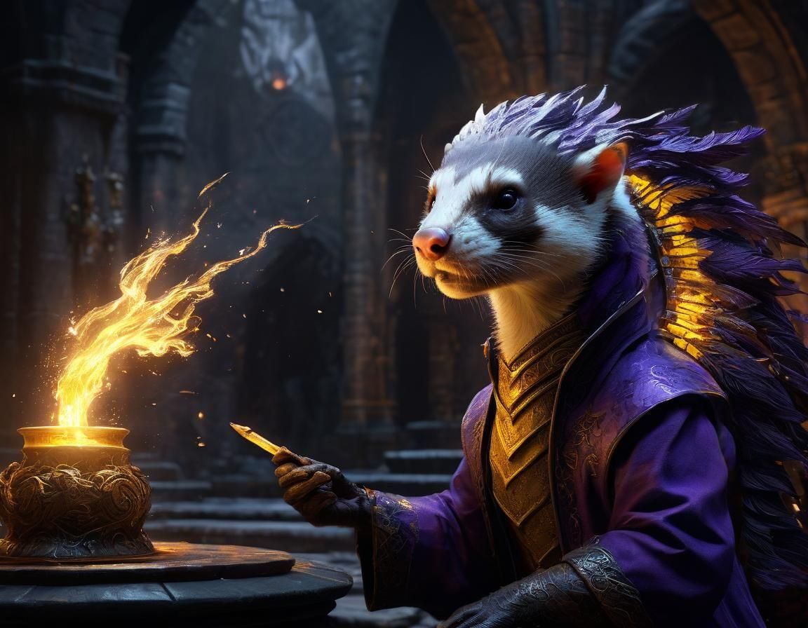 Ferret Mage Casting Spell on Dragon, Dark Fantasy Art