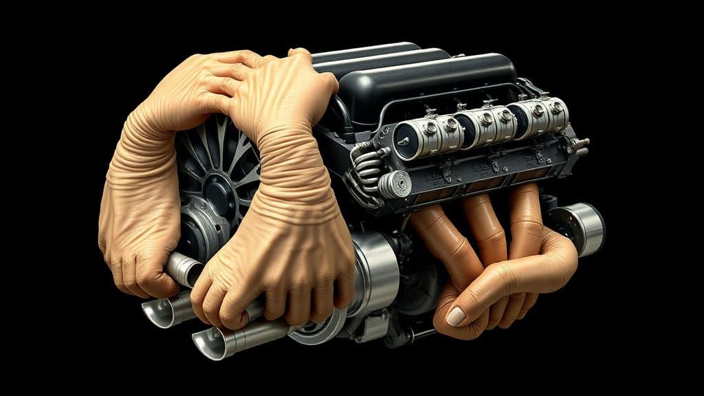 Surreal Biomechanical Car Engine Made of Human Arms