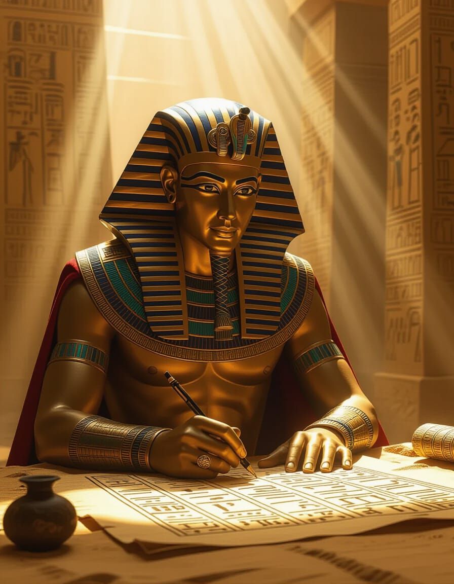 Taurus Pharaoh Writes Hieroglyphs in Surreal Egyptian Scene