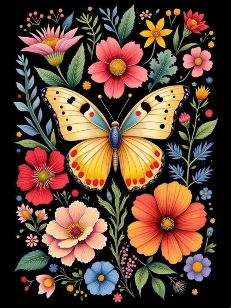 Surreal Floral Masterpiece with Butterfly in Vibrant 3D