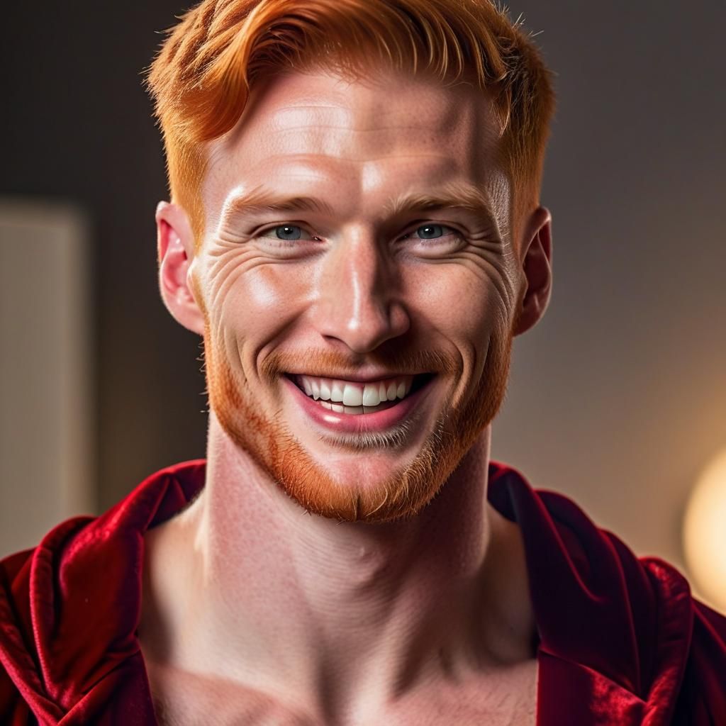 Happy Ginger Man in Velvet Robe: Oil Painting