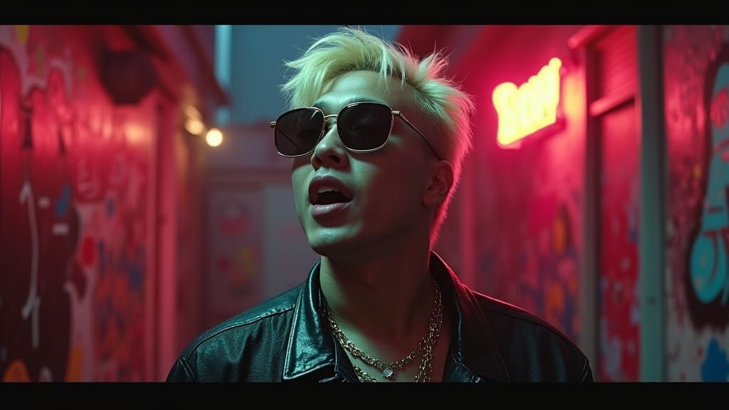 Crazy Rich Asian Rapper in Neon Alleyway
