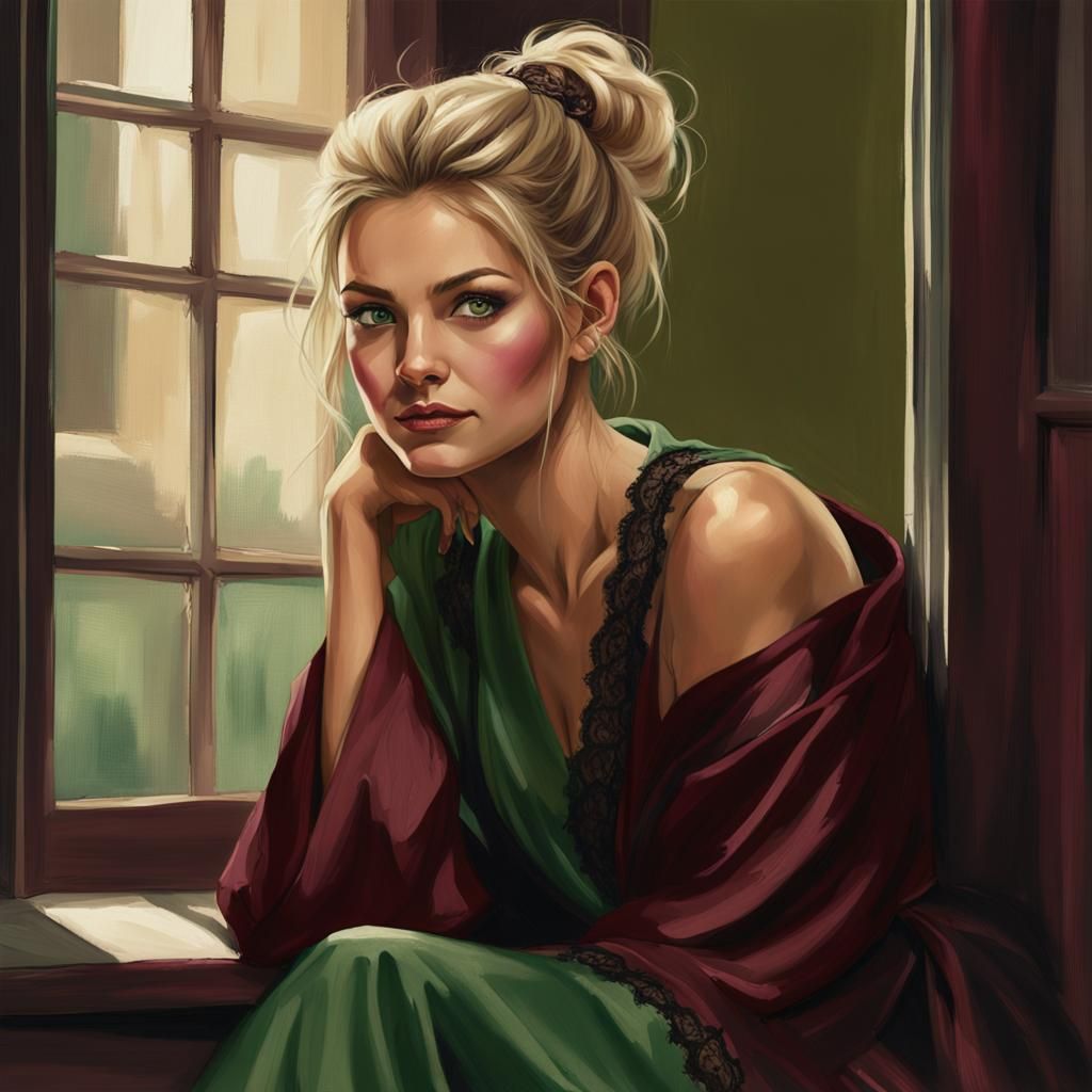 Young Woman in Silk Robe, Photorealistic Digital Art