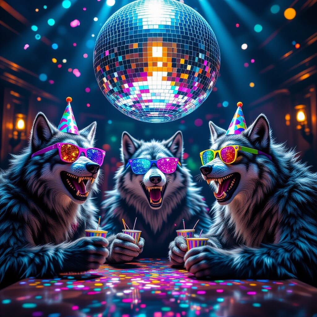 Werewolf Party Under Disco Ball, Fantasy Art