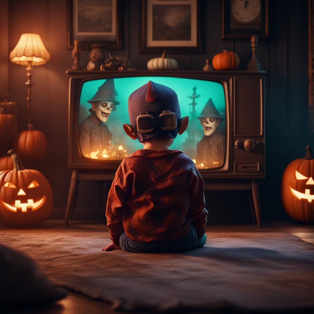 Retro Halloween Masked Figure Watching TV