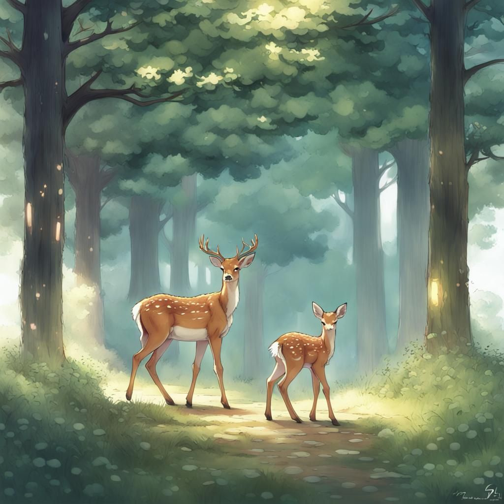 Deer and Fawn in Anime Style