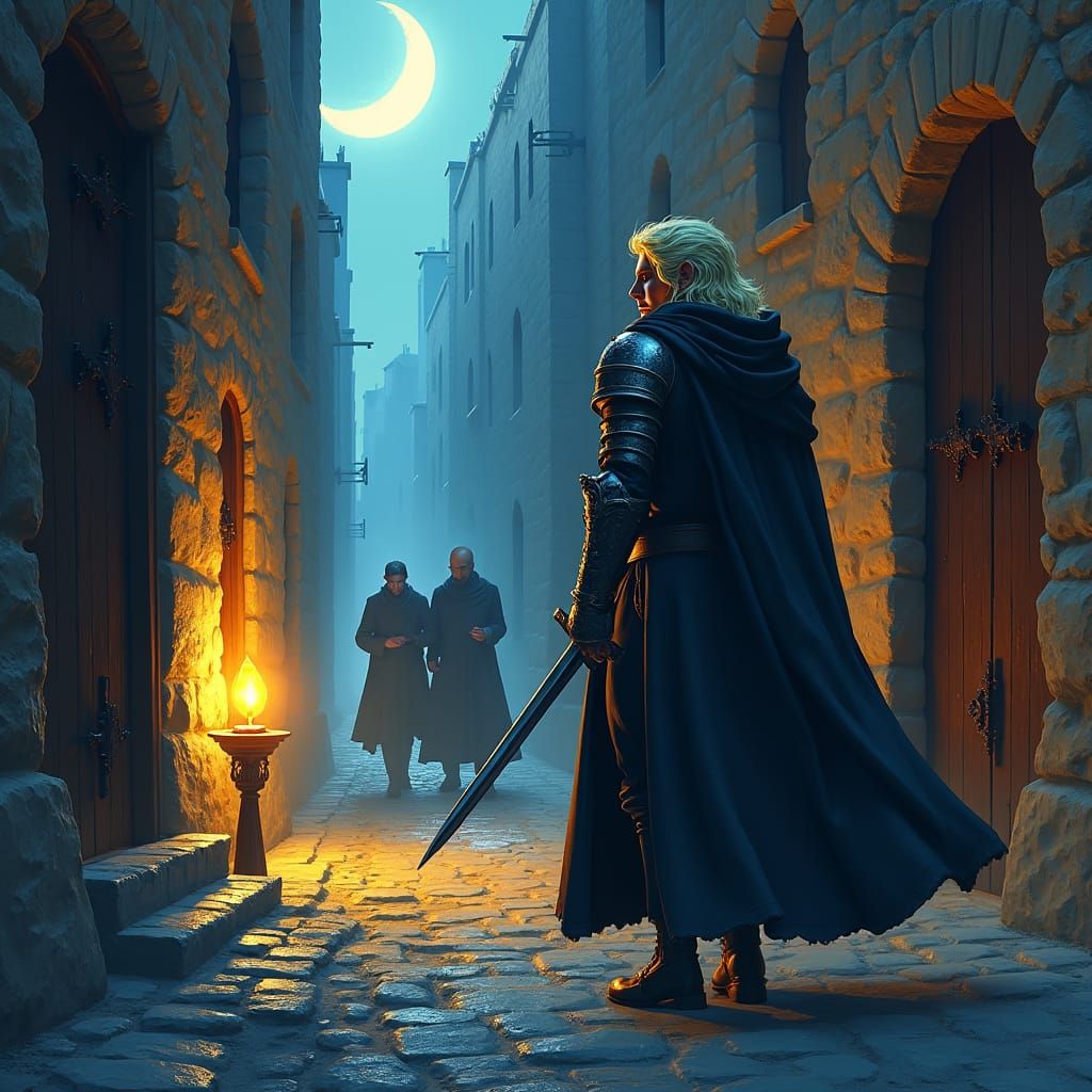 Medieval Guard in Dark Alleyway: Fantasy Concept Art