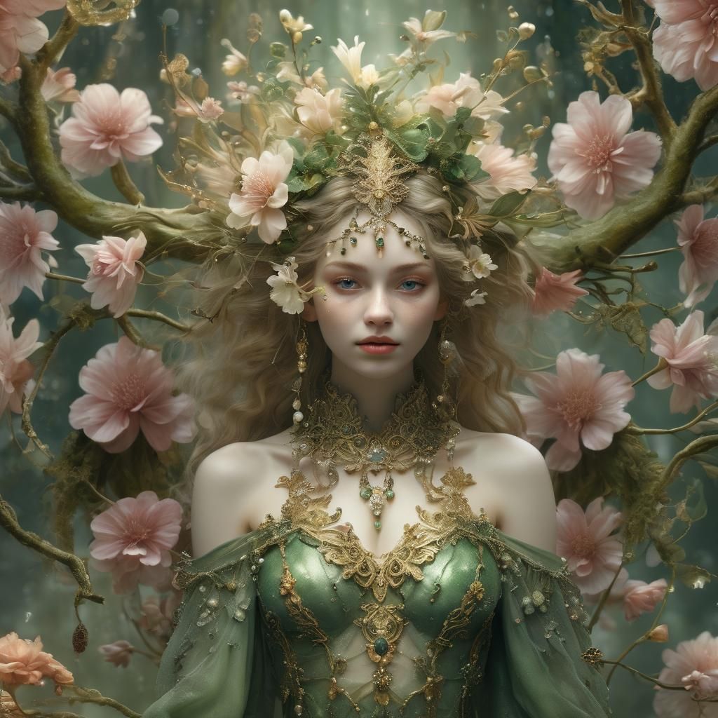 Baroque Floral Humanoid with Glistening Dew Drops