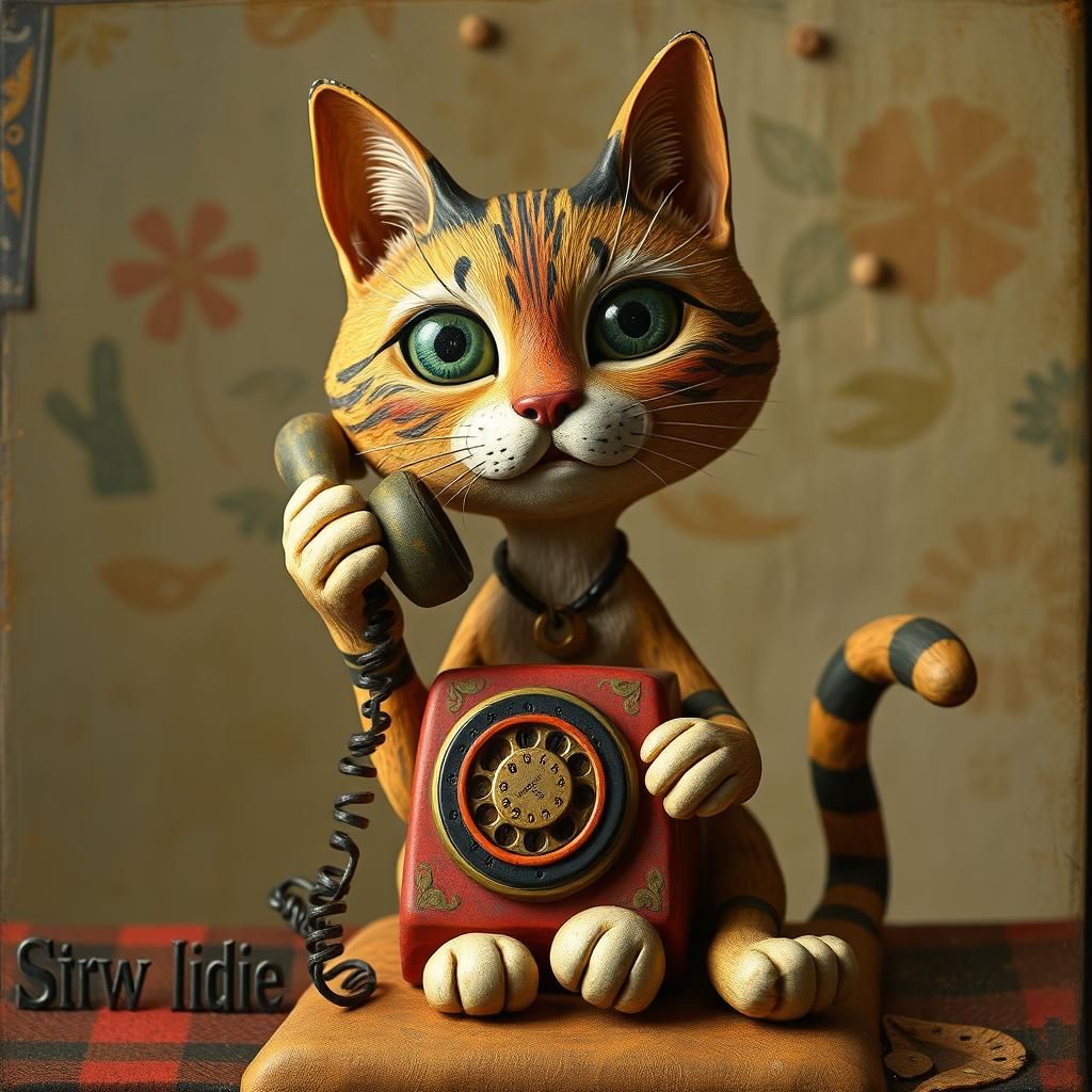 Cat with Telephone in Folk Art Style