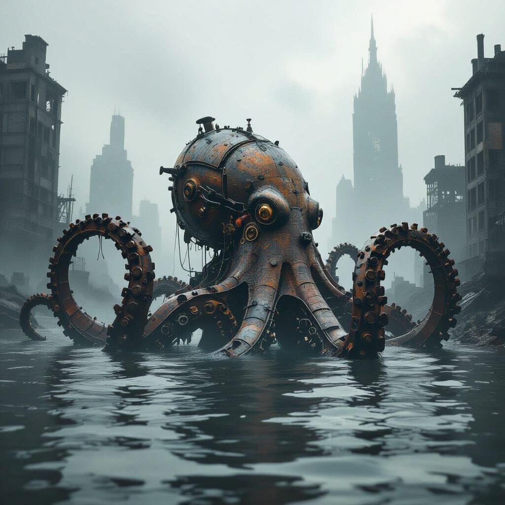 Clockwork Kraken Emerges From Smog-Choked Industrial City
