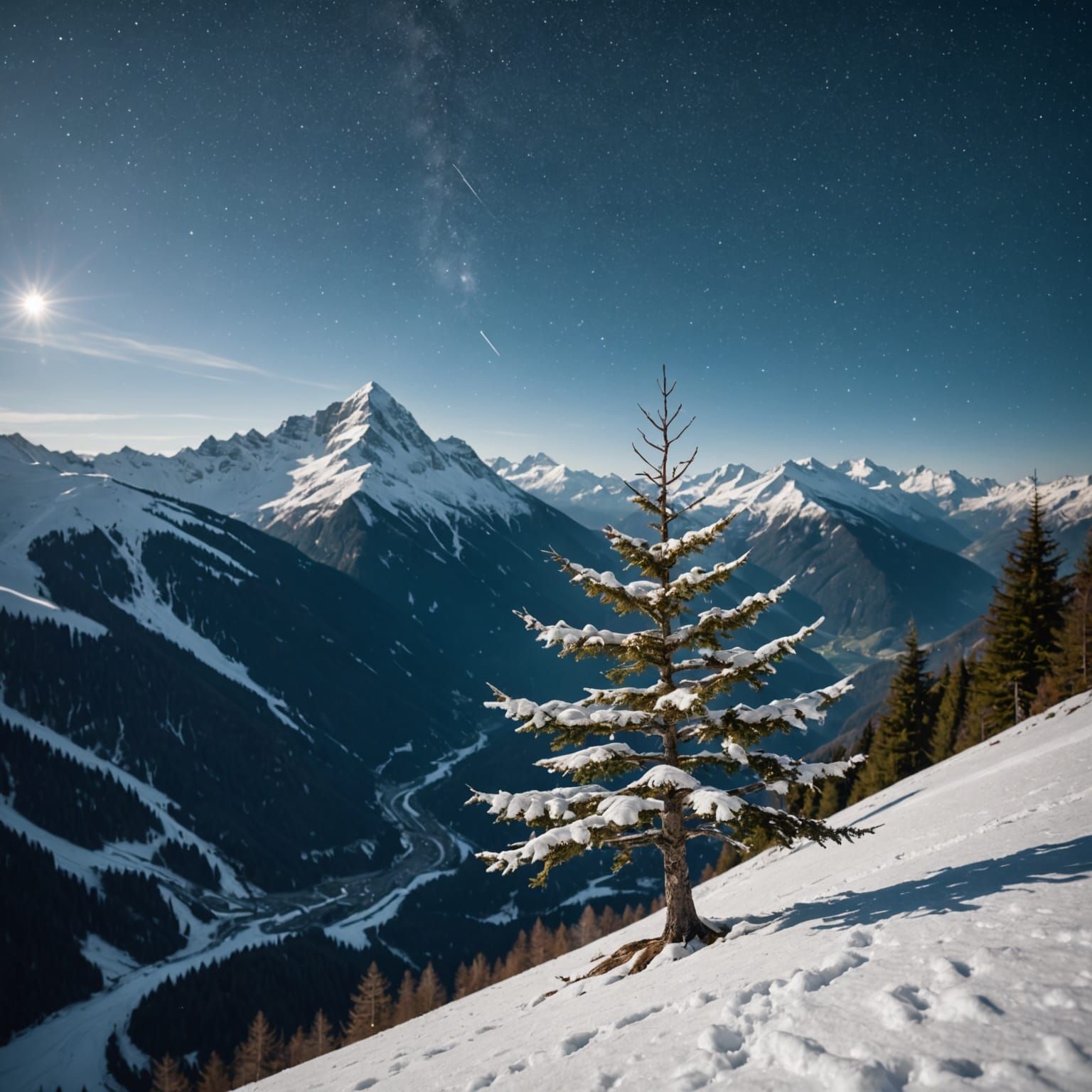 Ethereal Alpine Tree under Starlit Snowfall