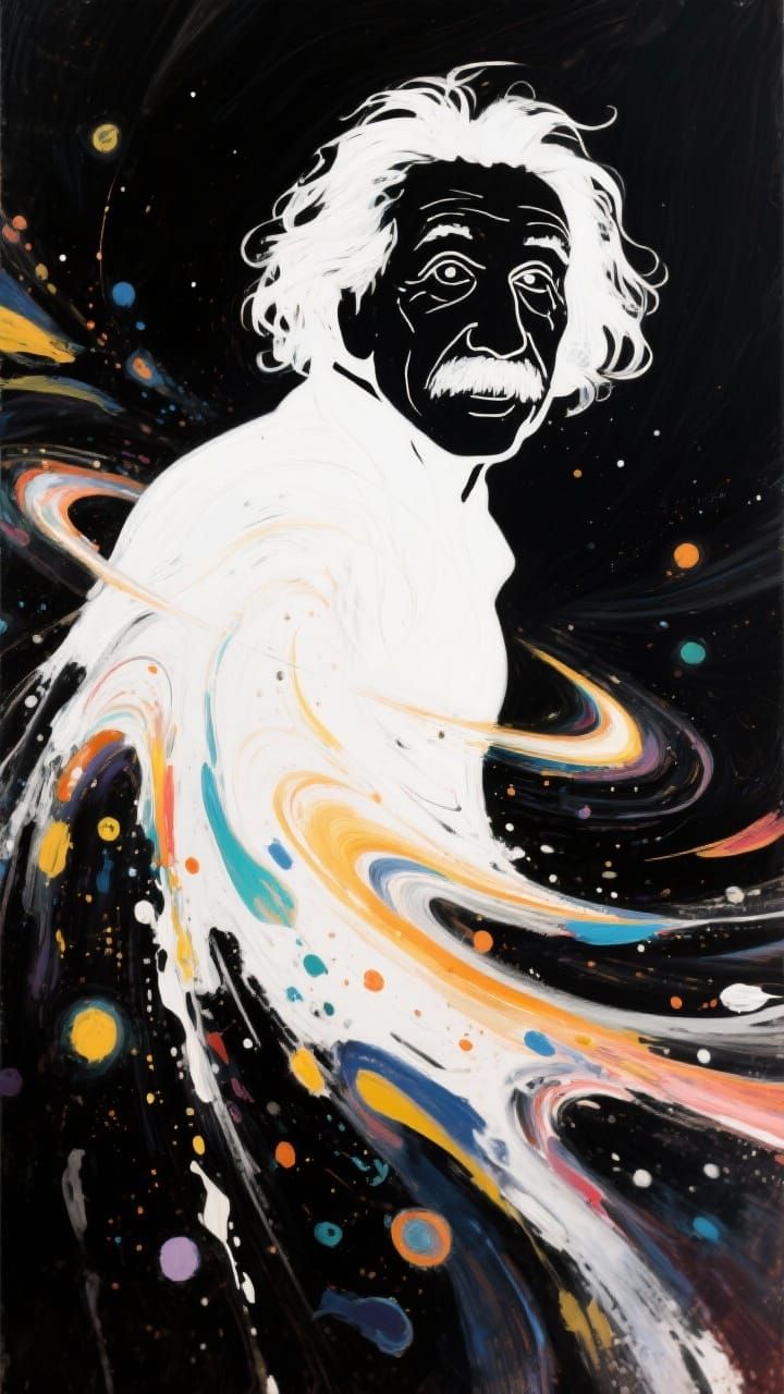 Einstein Silhouette in Swirling Abstract Cosmic Physics
