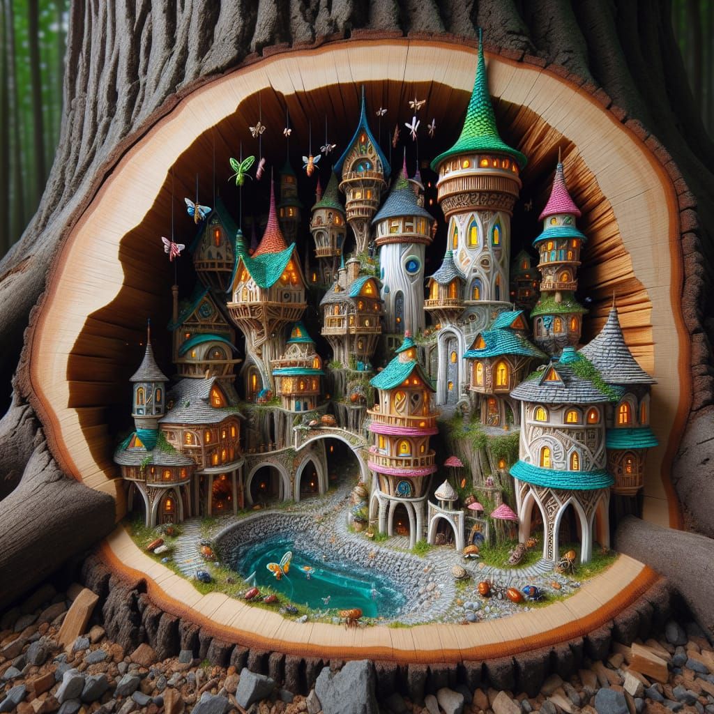 Miniature Insect Village Inside a Tree Stump